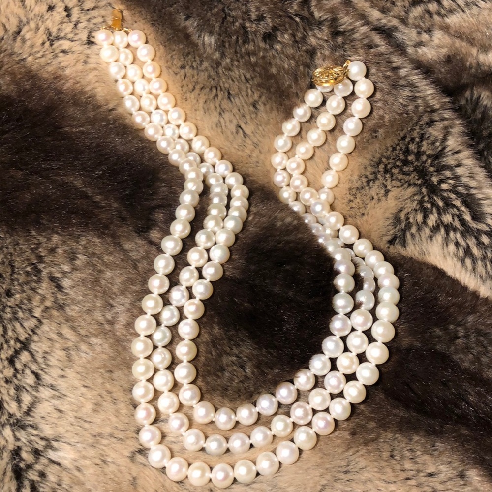 Vintage 14K Gold Genuine South Sea Cultured Pearl Triple Strand Necklace - Picture 1 of 8